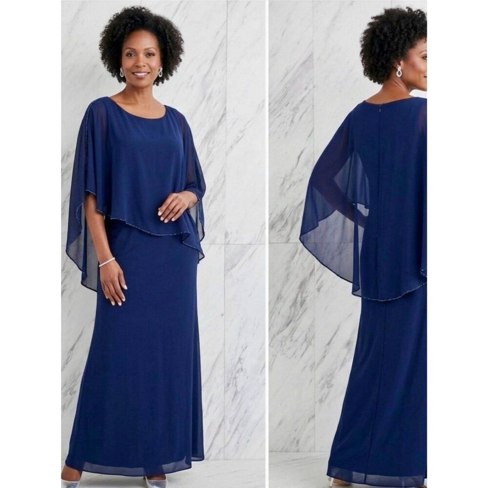 Patra Navy Blue Chiffon Sheer Beaded Cape Overlay Maxi Dress Womens 12 Gown